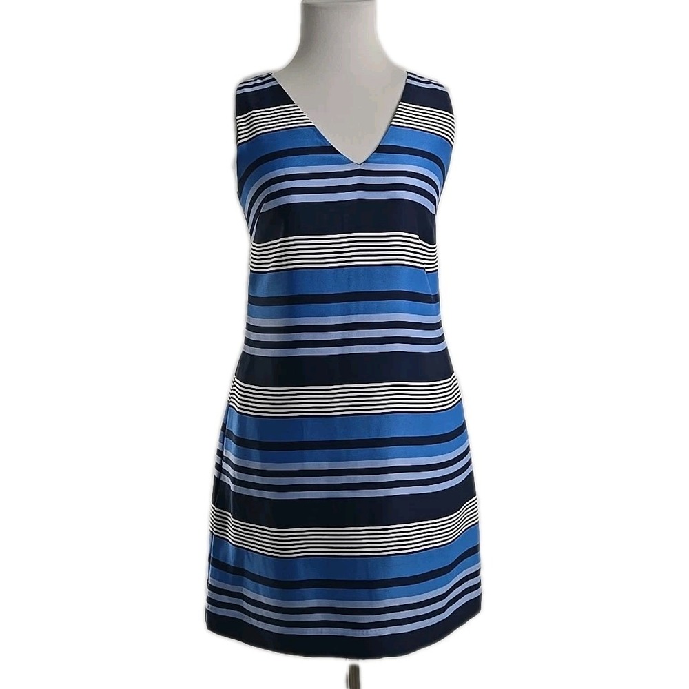 Banana Republic Blue Stripe Satin V-Neck Sleeveless Shift Dress Pockets Size 0